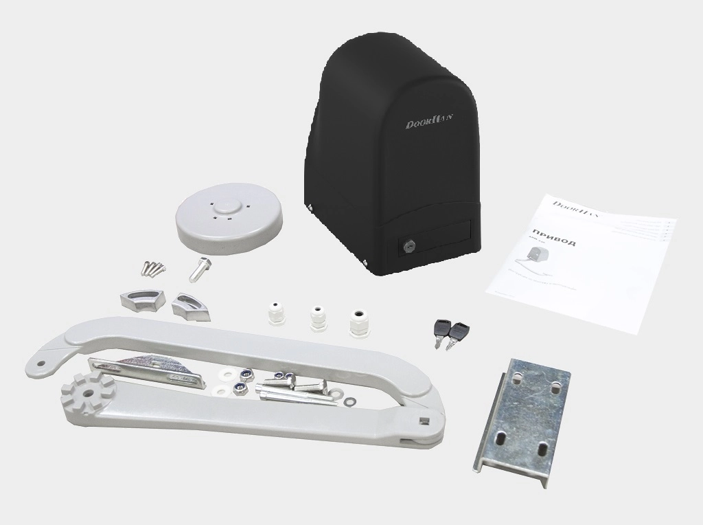 Электропривод Master (Ведущий) cо встроенным блоком управления, электропривод Slave (Ведомый), два комплектa рычагов, крепежные элементы.